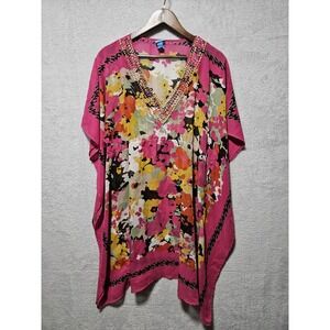 Blue Island Womens XL Pink Floral Embellished Swim Cover Up Caftan Style Resort